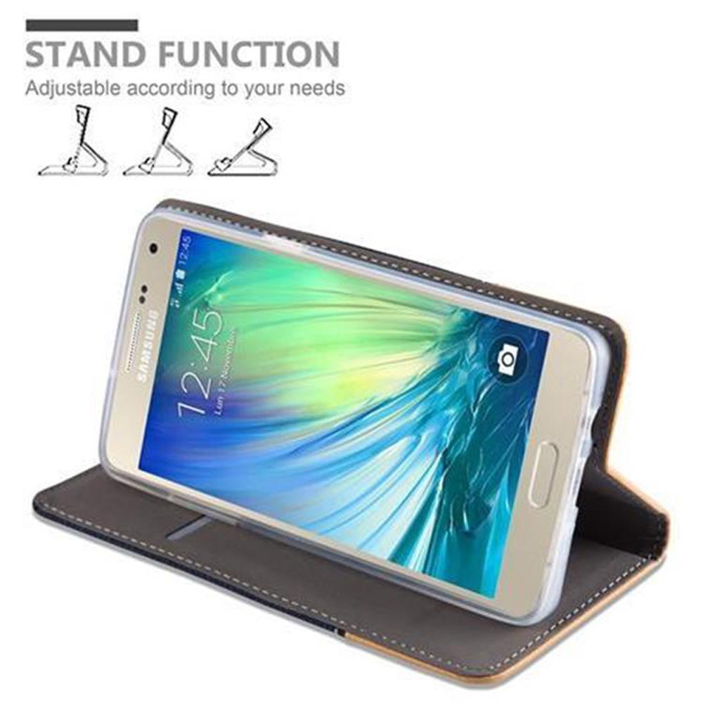 Teléfono en una funda. Funda abierta, teléfono en ángulo, mostrando la pantalla. Texto de función de soporte arriba.