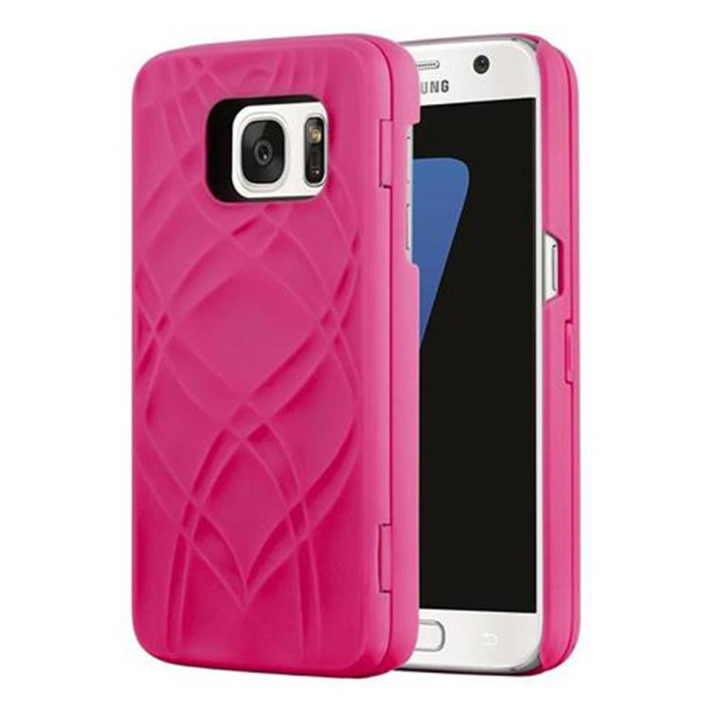 Una funda rosa para teléfono con un teléfono dentro, que muestra la interfaz del teléfono y la parte trasera de la funda.