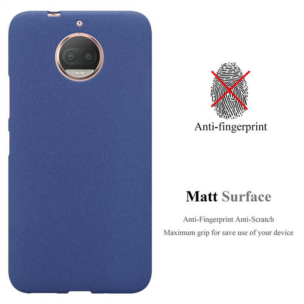 Custodia blu per telefono. Il telefono ha una fotocamera rotonda. La custodia ha funzioni anti-impronta e antigraffio.
