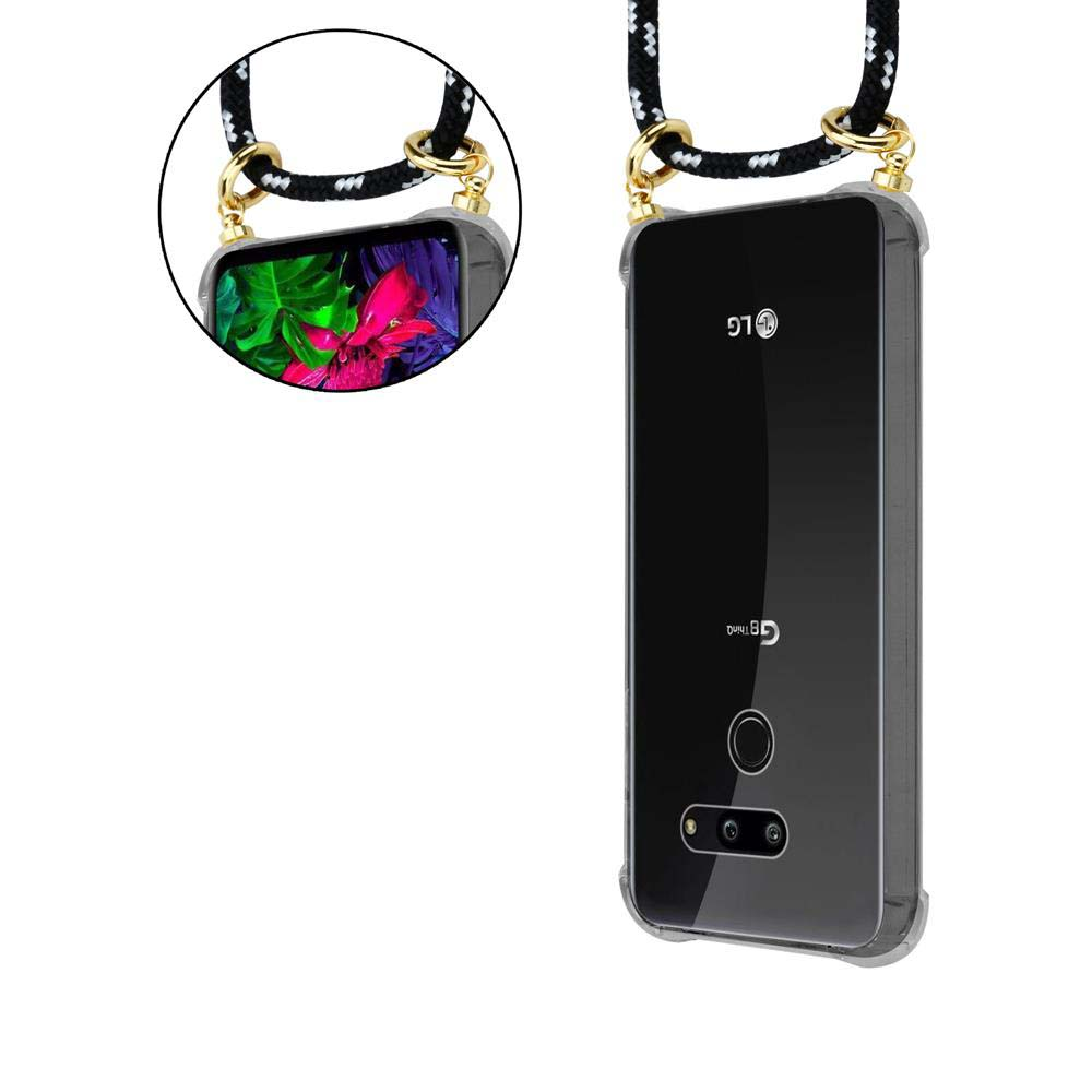 Ein Telefon mit einem Riemen. Das Telefon ist schwarz mit einer transparenten Hülle. Ein rosa Blumendekor.