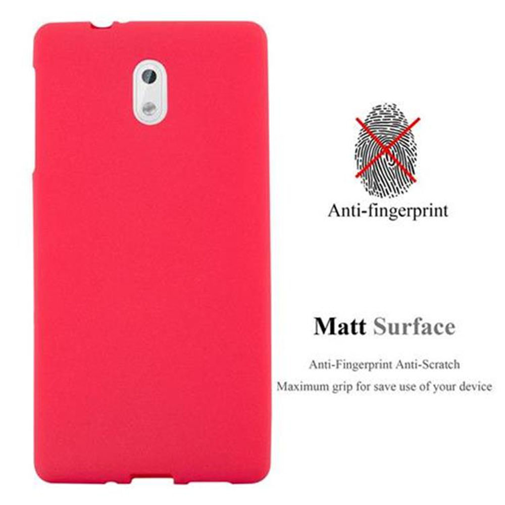 Eine rote Handyhülle. Die Handyhülle ist rot und hat eine matte Oberfläche. Text: 'Anti-Fingerprint'.