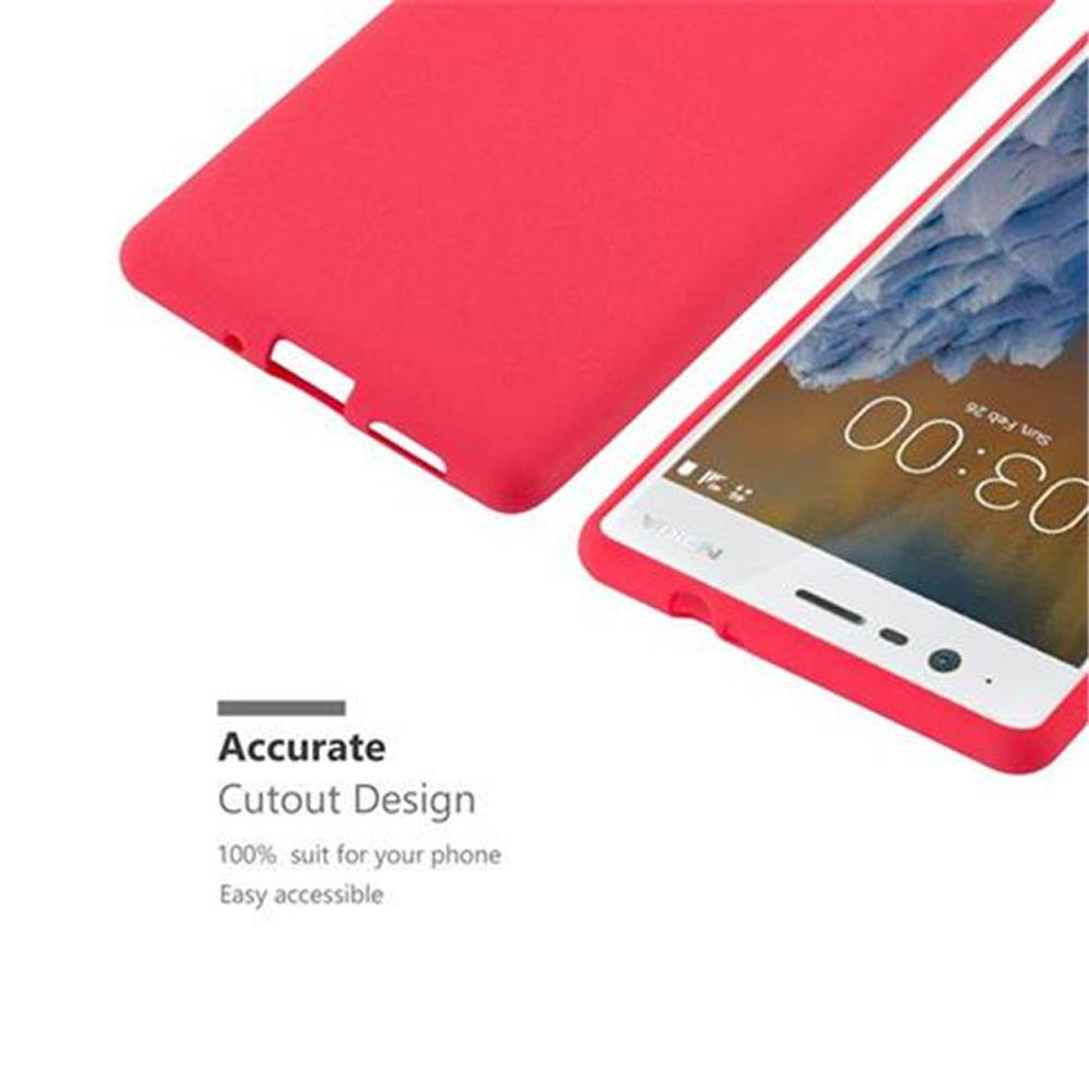 Rote Handyhülle mit einem Telefon. Aufschrift: Accurate Cutout Design.