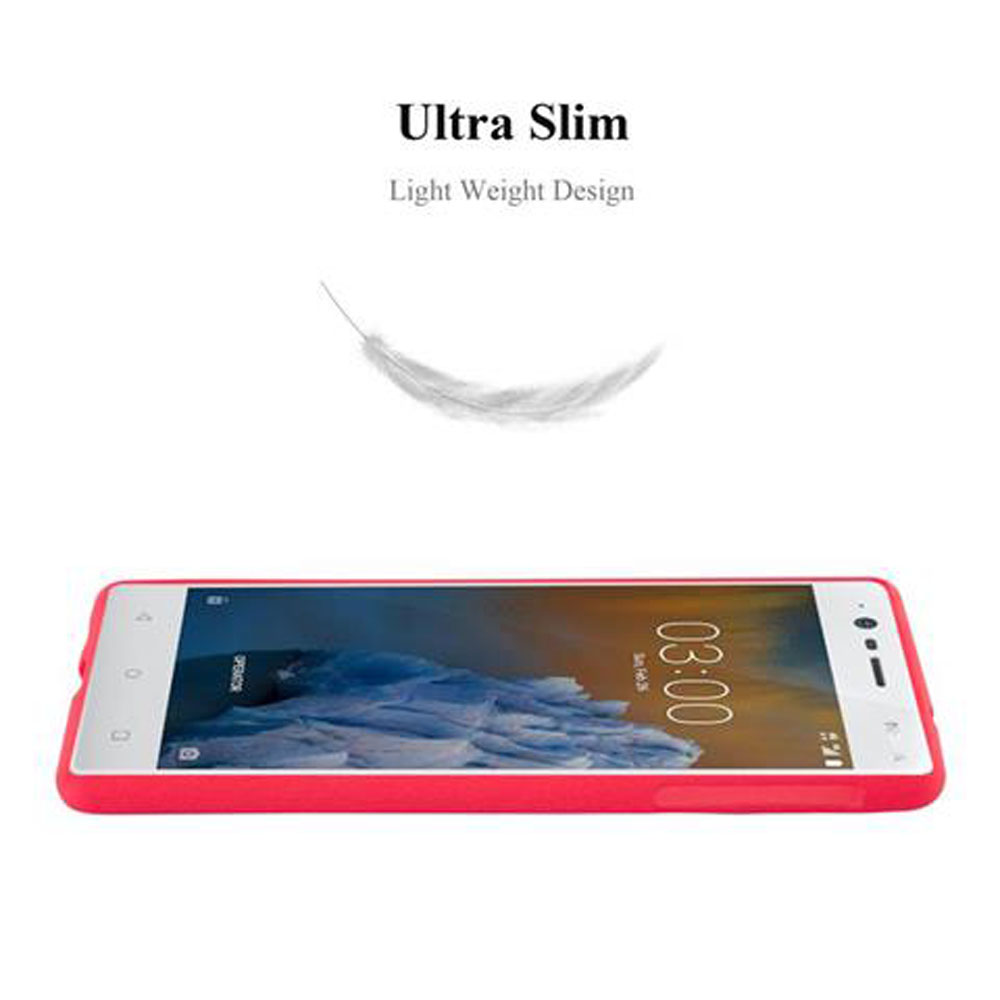 Handyhülle mit Telefon darin. Das Telefon ist rot, und das Feder-Symbol ist sichtbar. Ultra-schlankes Design.