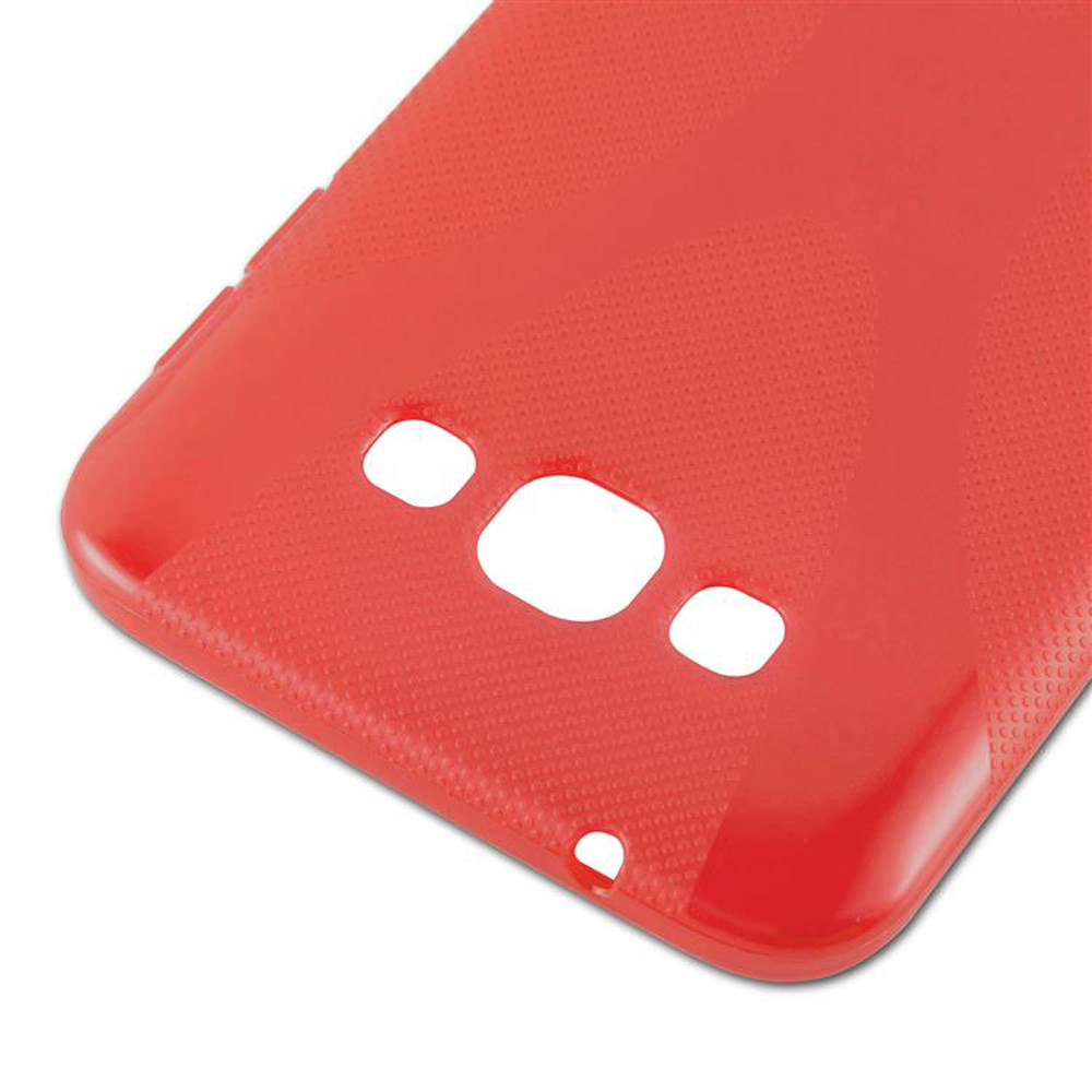 Rote Handy-Rückseite mit drei Kameralöchern. Es ist schlicht mit einem Muster aus kleinen Punkten.