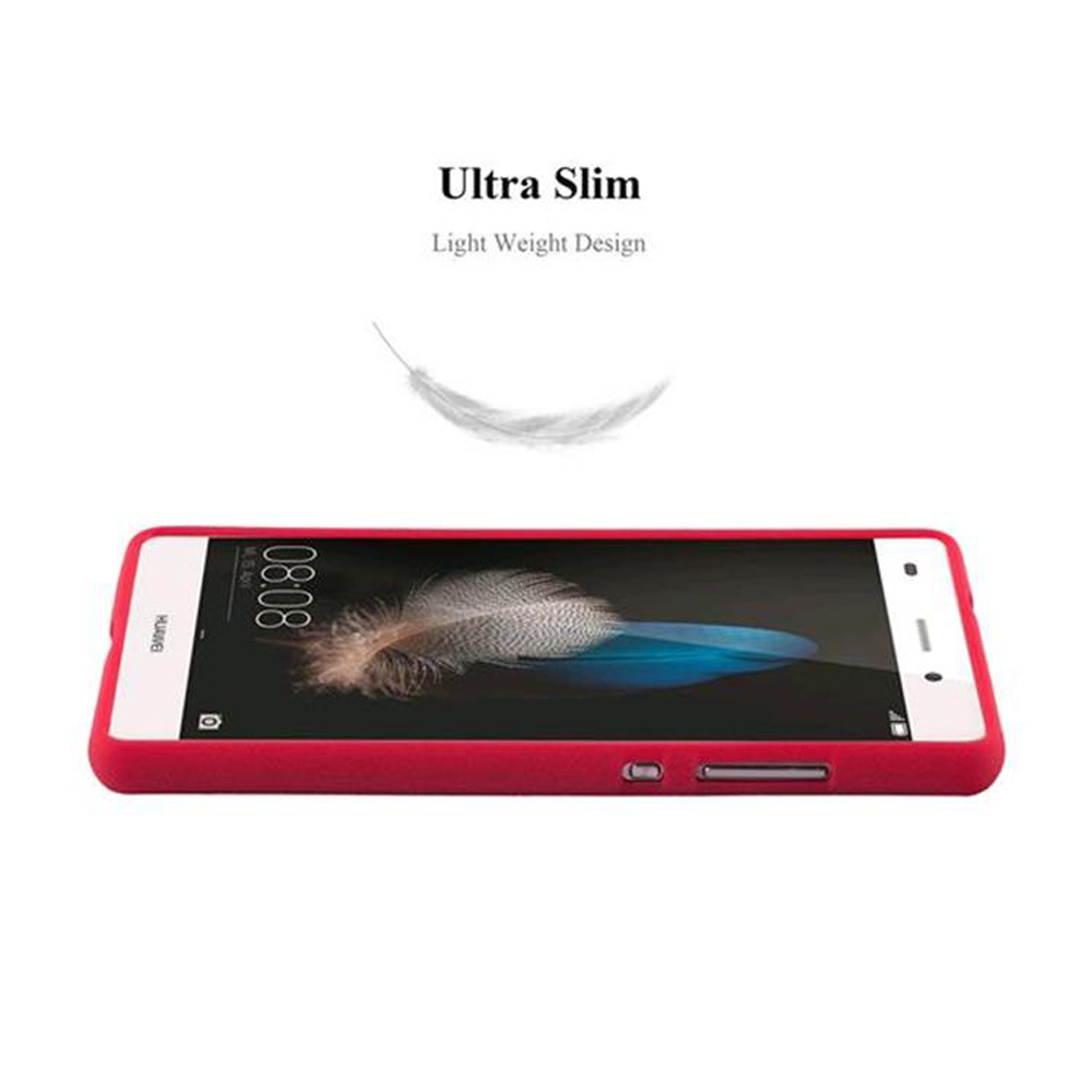 Custodia per telefono rossa con un telefono dentro. Una piuma bianca fluttua sopra.