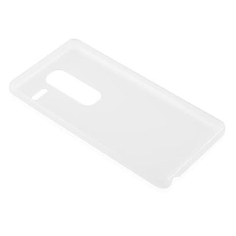 Una custodia per telefono bianca. La custodia è vuota. Il retro della custodia ha ritagli per la fotocamera e i pulsanti.