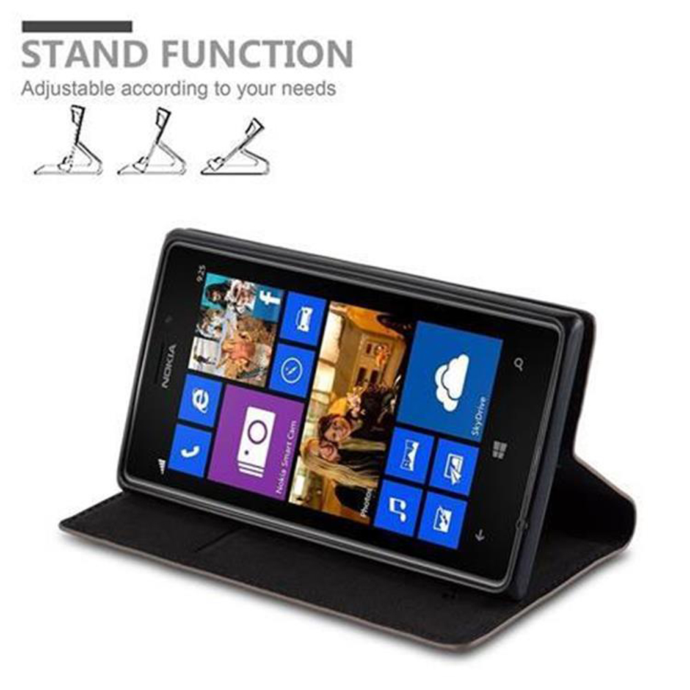 Telefono nero in una custodia, che mostra icone, con funzione stand.