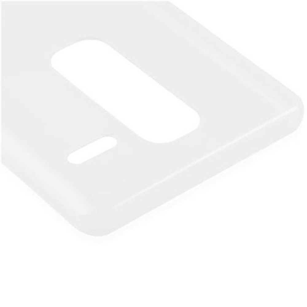 Una custodia per telefono bianca per un telefono, con ritagli per la fotocamera e altre funzioni del telefono.