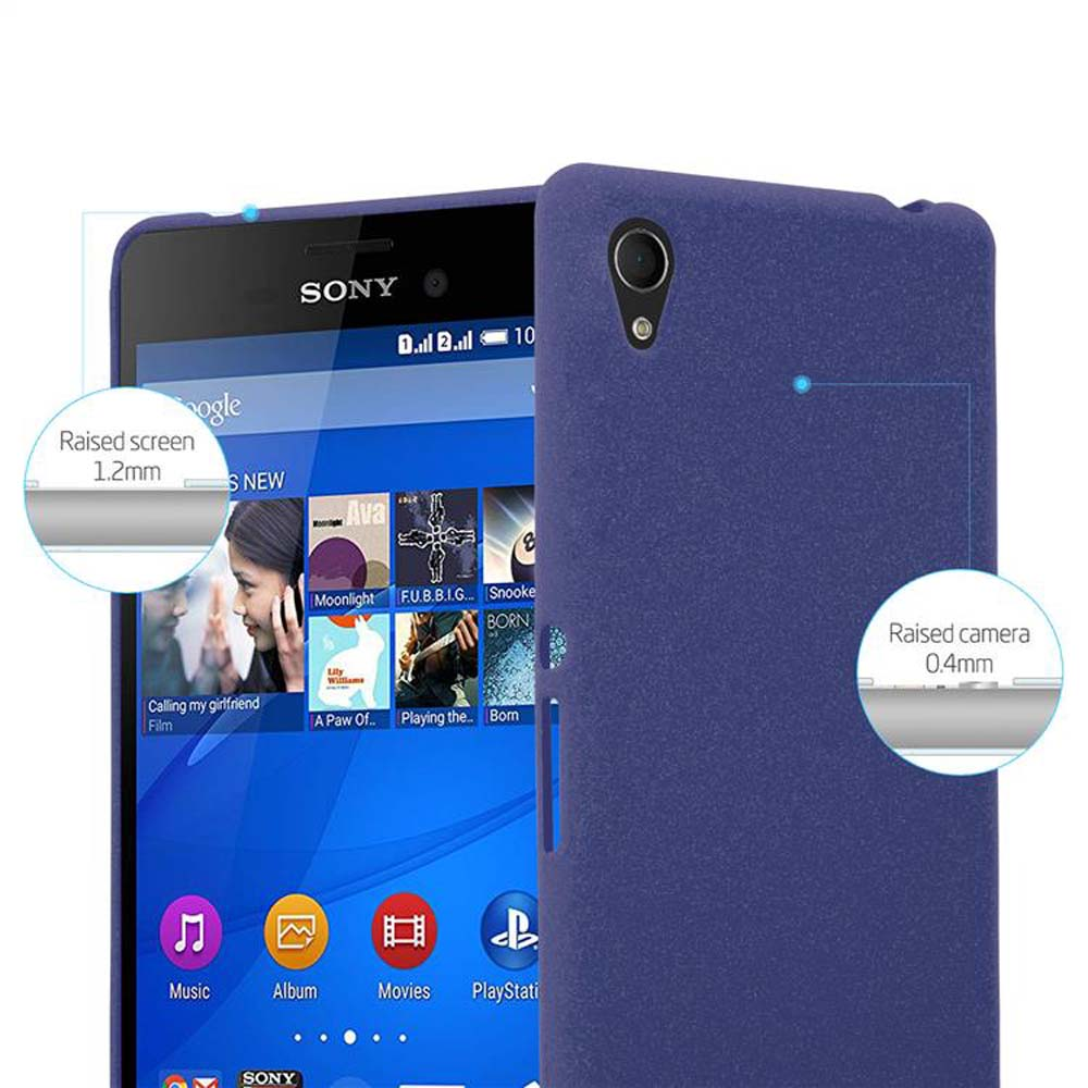 Un teléfono azul con funda azul, mostrando pantalla y parte trasera. Pantalla y cámara elevadas.