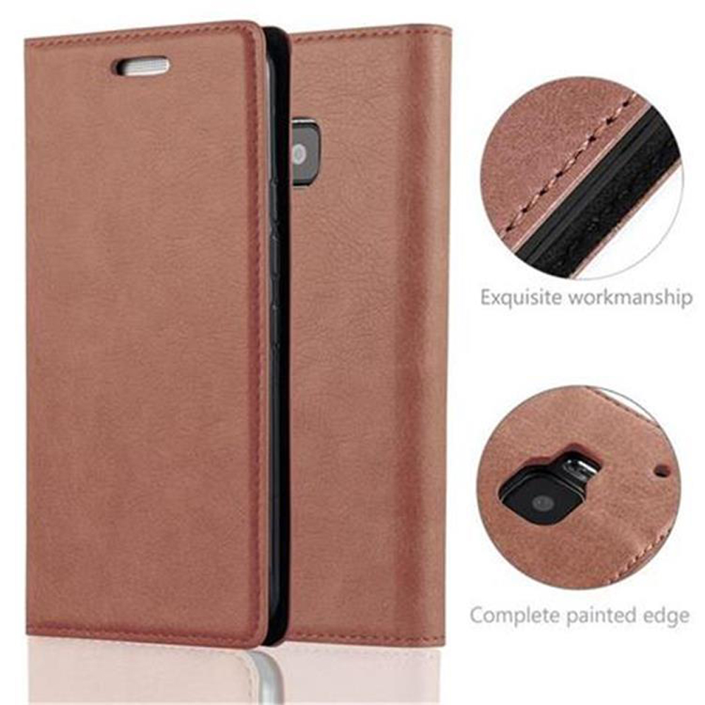Funda marrón para teléfono con teléfono dentro, detalles de la mano de obra.