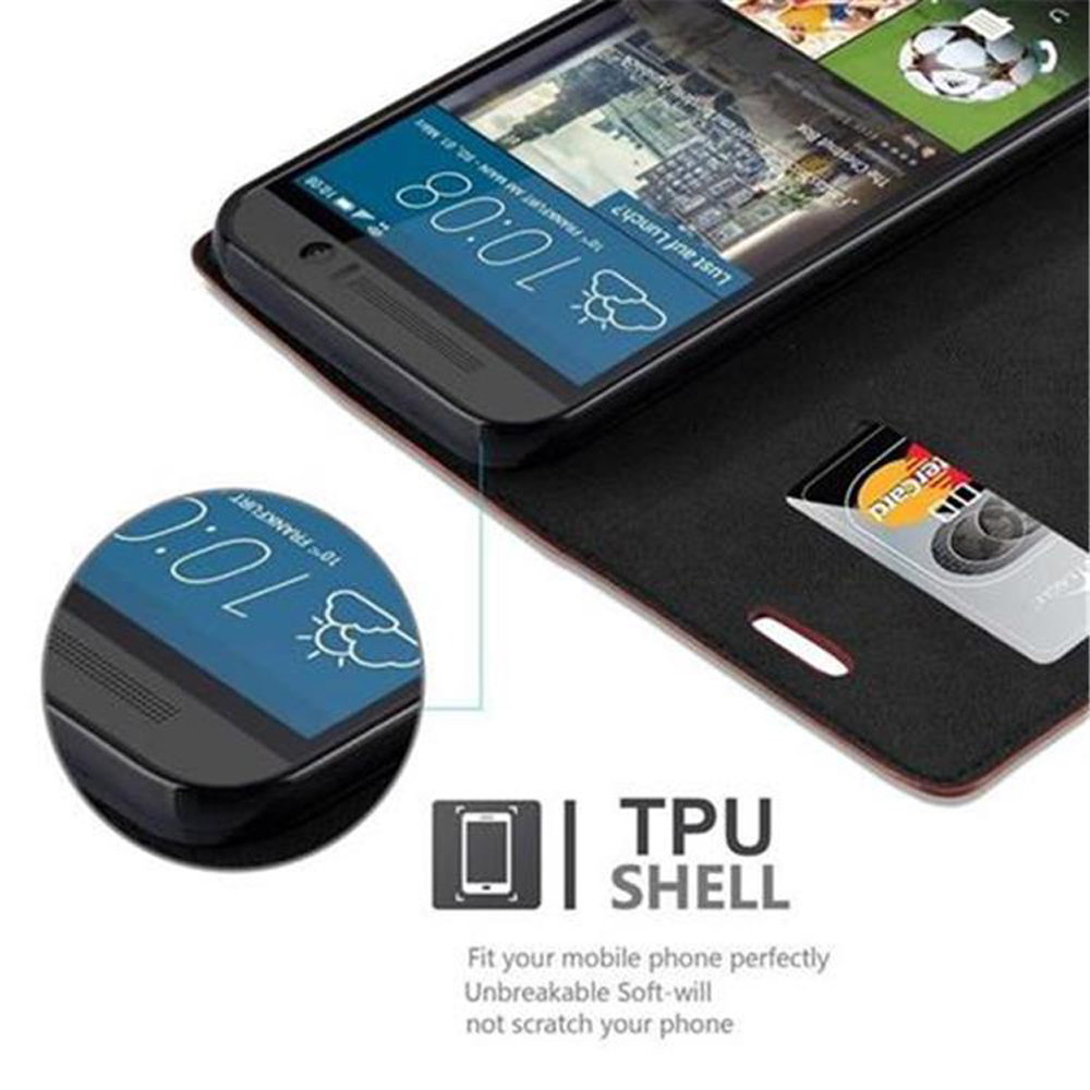 Teléfono en una funda tipo cartera negra y roja. Texto: TPU SHELL.