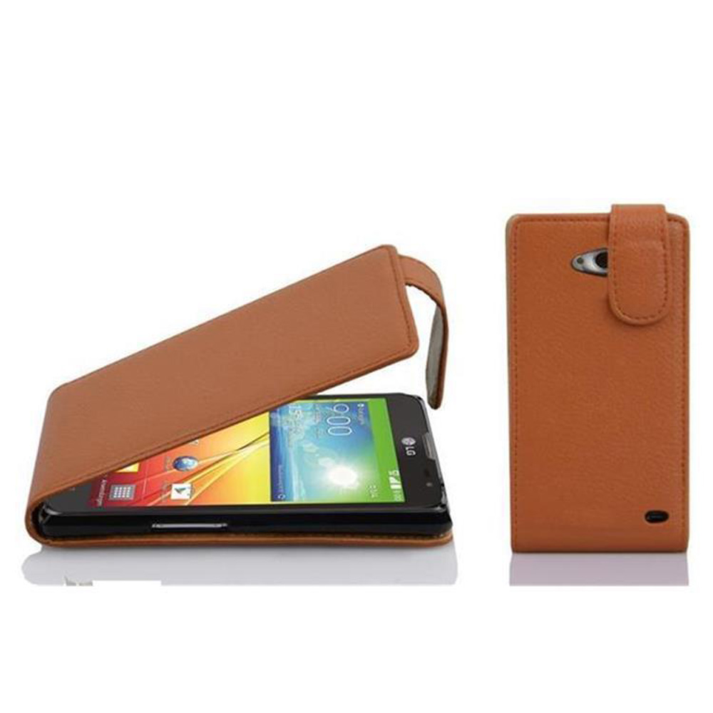 Un étui de téléphone en cuir marron avec le téléphone ouvert et fermé. L'écran affiche l'heure 9h00.