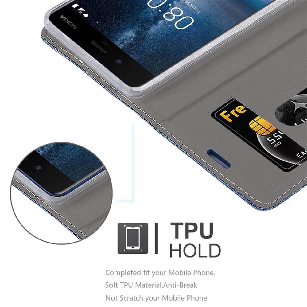 Primo piano di un telefono in una custodia con slot per schede. La custodia è grigia e ha un telefono Nokia.