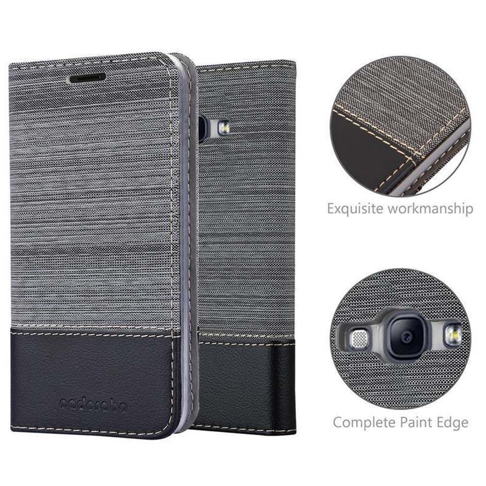 Custodia per telefono aperta con design in tessuto grigio e nero. Primi piani mostrano dettagli delle cuciture e bordo verniciato completo.
