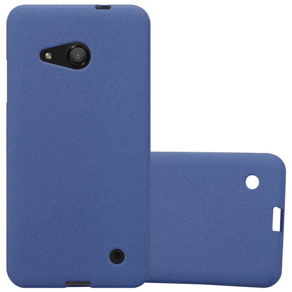 Funda de teléfono azul. Una vertical, otra de lado. Ambas tienen recortes para cámara y botones.