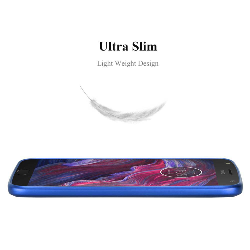 Un telefono blu con una custodia blu. Il testo indica che il prodotto è ultrasottile e leggero.