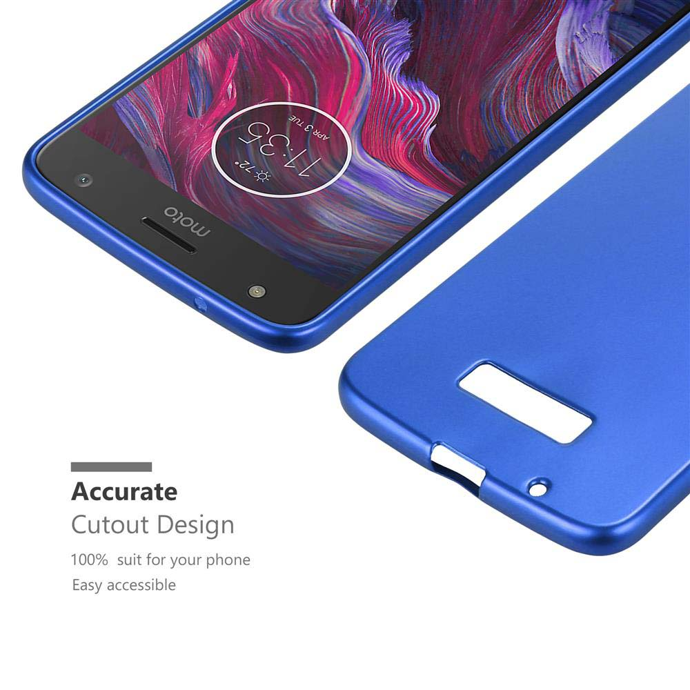 Custodia blu per telefono con telefono. Il telefono mostra lo schermo. Testo: Design ritaglio accurato.