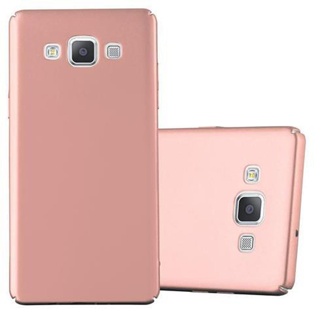 Dos fundas rosas para teléfono, una de pie, otra tumbada. Ambas tienen una lente de cámara.