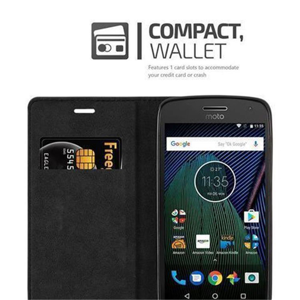 Telefono nero in custodia a portafoglio aperta, mostra Google e carta di credito.