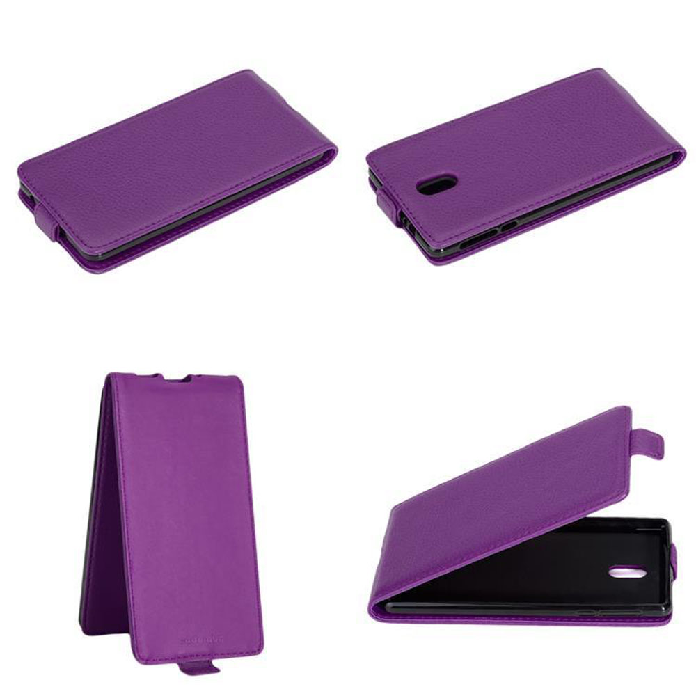 Custodia a portafoglio viola per smartphone, che mostra più viste, aperta e chiusa.