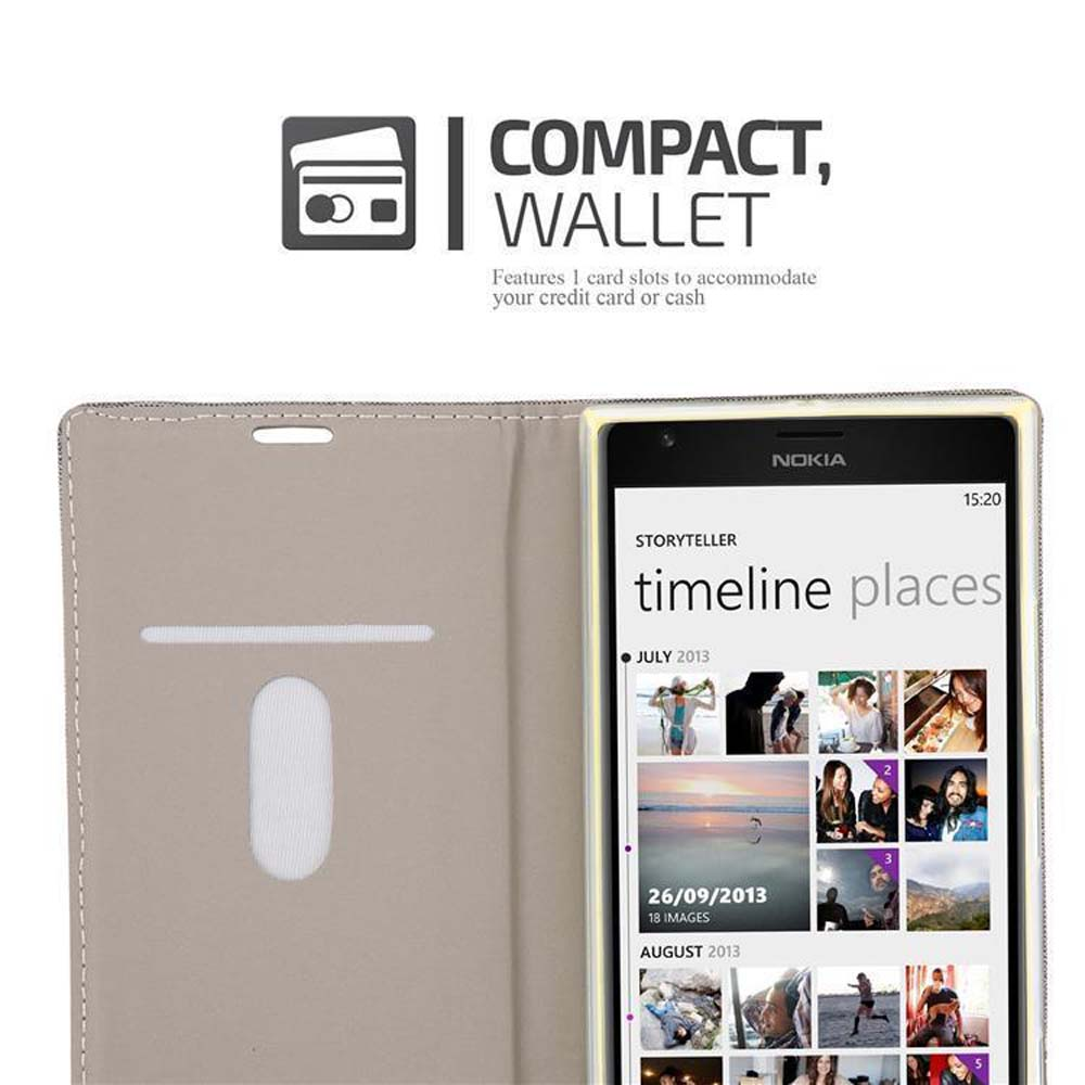 Uno smartphone in una custodia a portafoglio compatta, che mostra lo schermo con un'app timeline e slot per schede.