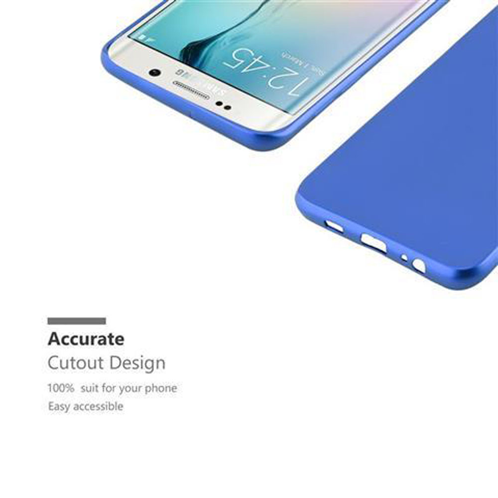 Vengono mostrate due custodie per telefono. Una custodia blu con un telefono all'interno e una custodia blu separatamente.