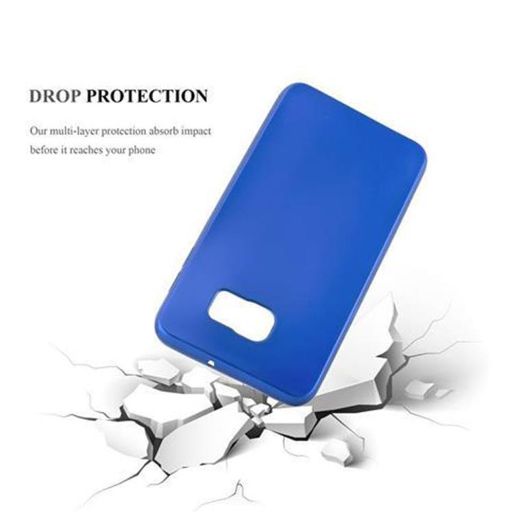 Custodia blu per telefono su superficie bianca con effetto incrinato, testo: Protezione dalle cadute.