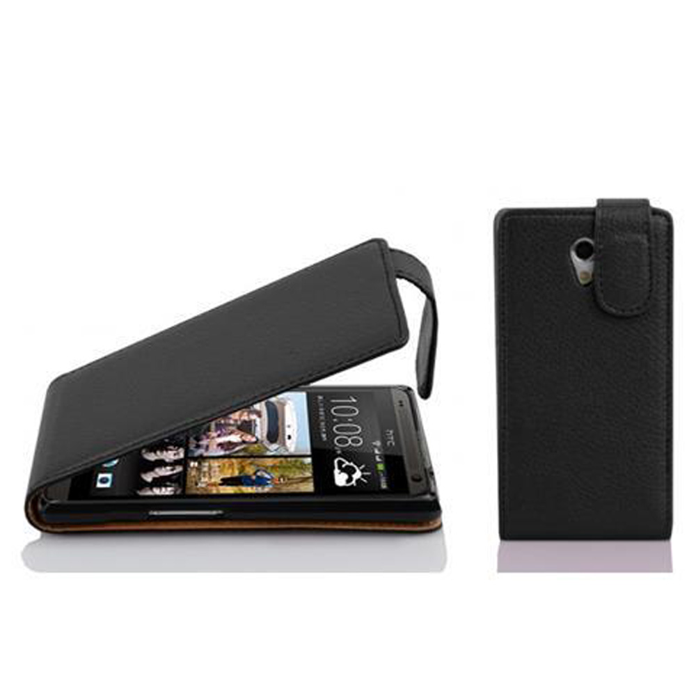 Smartphone nero in una custodia a portafoglio in pelle nera, viste aperte e chiuse.