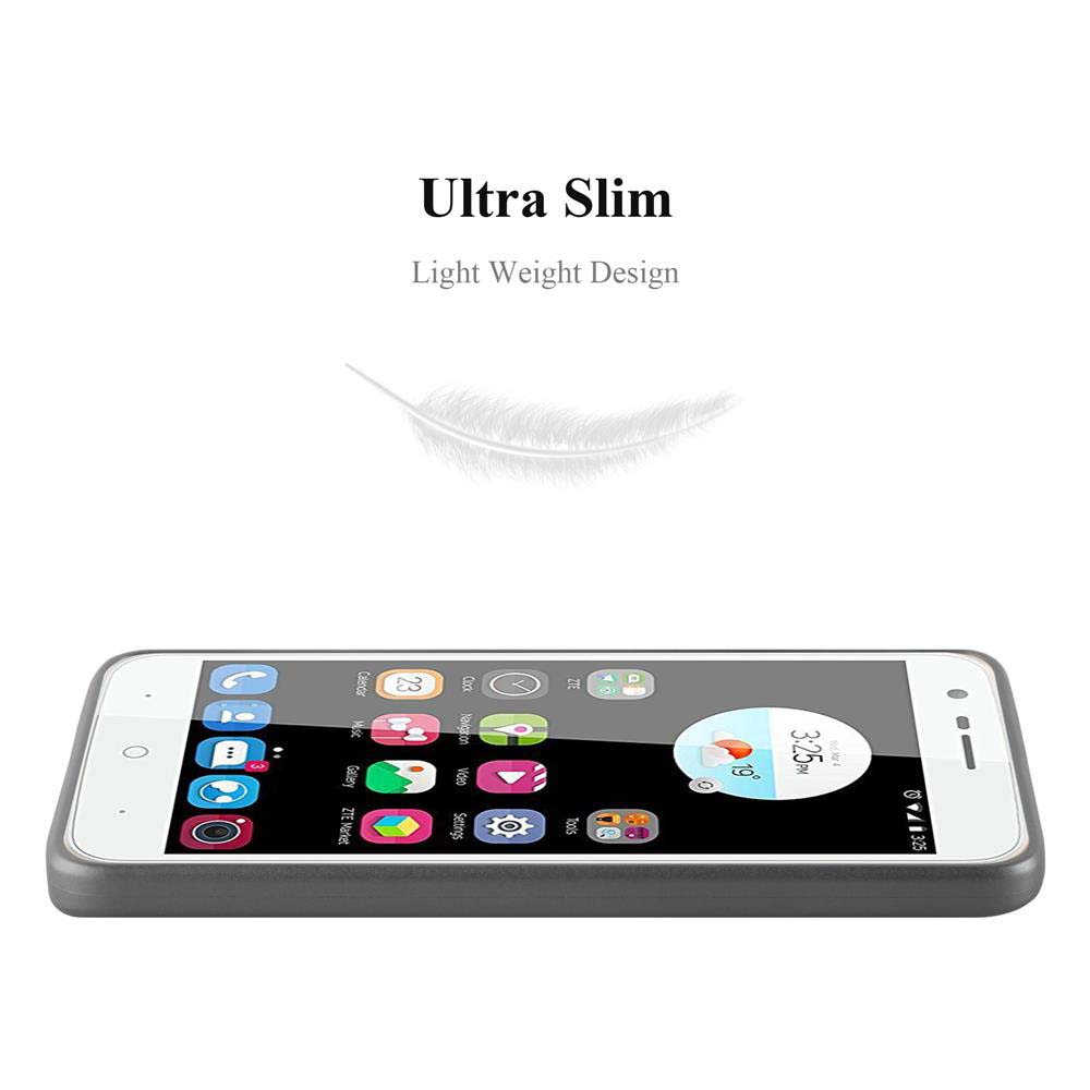 Ein Telefon in einem grauen Gehäuse liegt flach und zeigt den Startbildschirm mit Symbolen. Der Text lautet Ultra Slim, Light Weight Design.