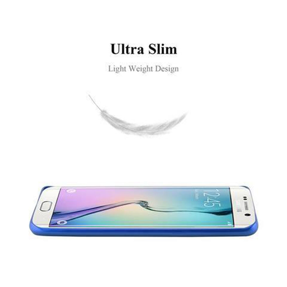 Uno sfondo bianco con un telefono e una piuma. Il telefono è sottile e ha un bordo blu.