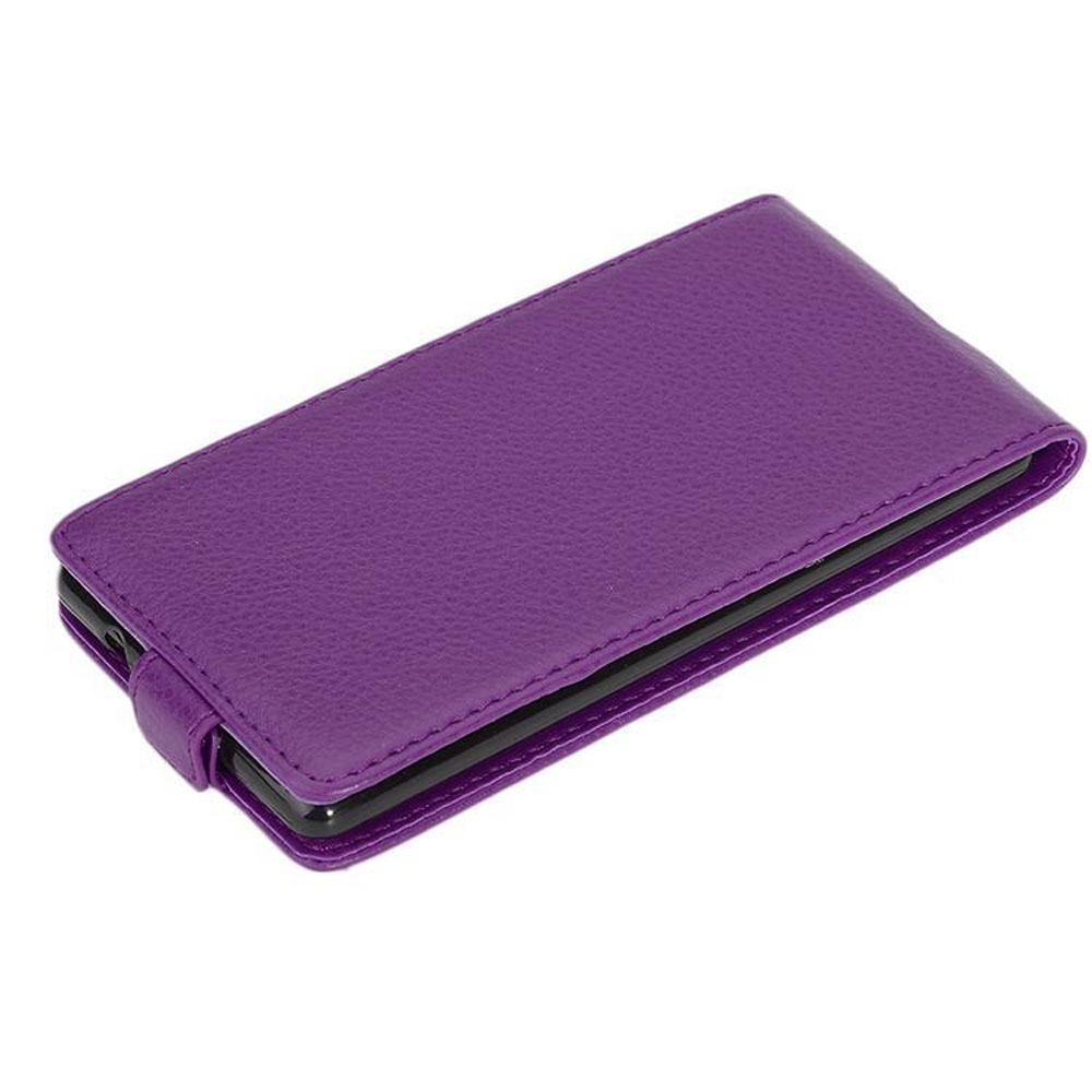 Custodia per telefono viola con superficie strutturata, rettangolare e chiusa.