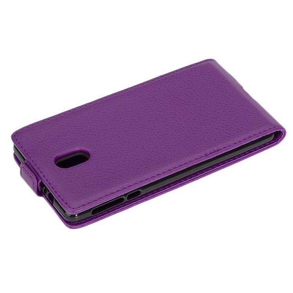 Custodia per telefono viola, che mostra l'esterno, chiusa. È simile alla pelle.
