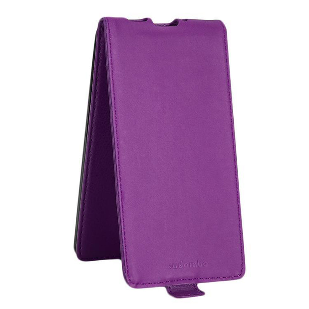 Custodia per telefono viola, piegata, in piedi. L'interno è di un colore diverso.