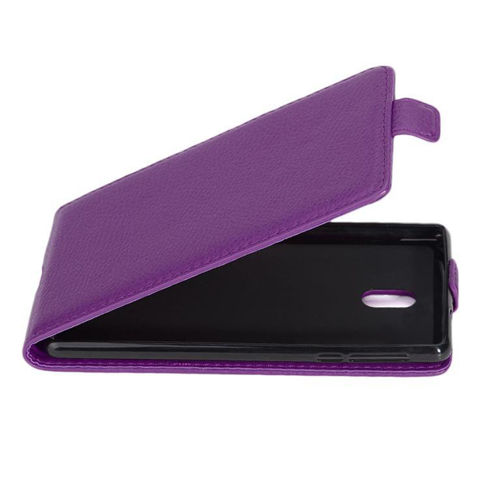 Una custodia viola con telefono. La custodia è aperta. L'interno è nero.