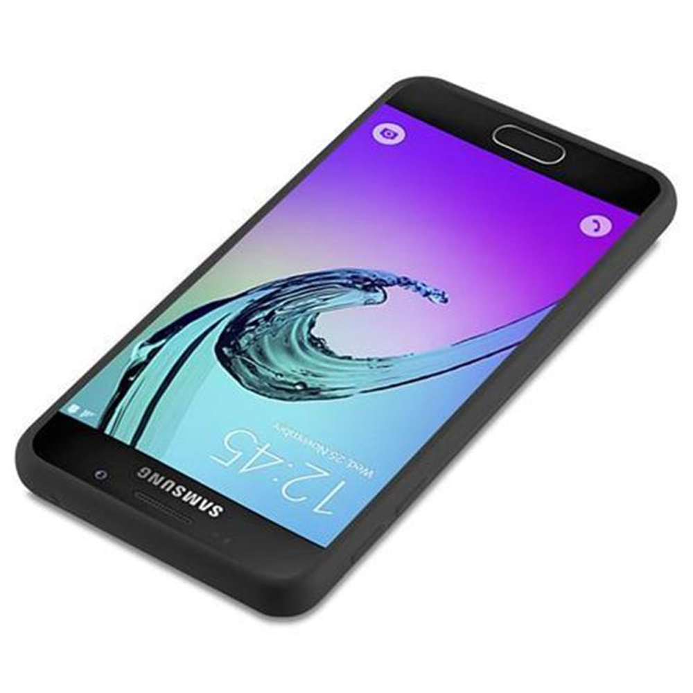 Custodia nera per telefono su un telefono Samsung. Il telefono mostra l'ora. La custodia è sul telefono.