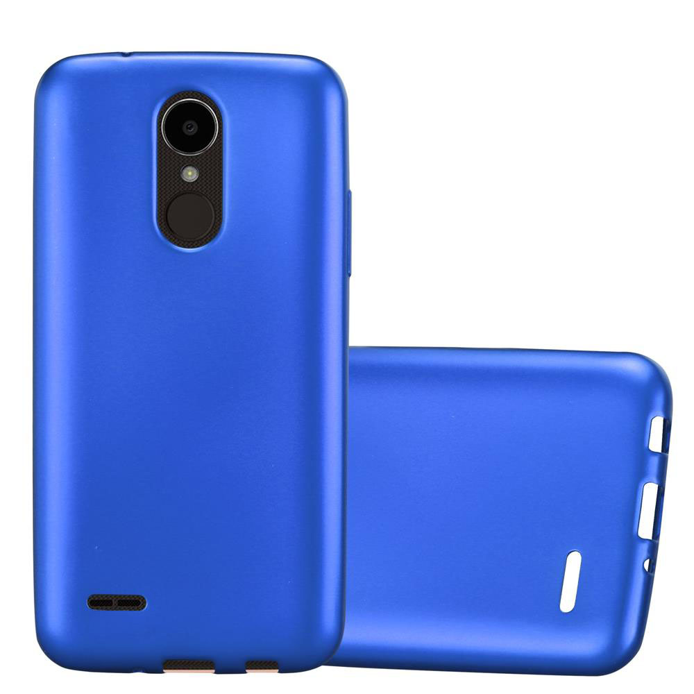 Dos fundas azules para teléfono. Una muestra la parte trasera con cámara, la otra la trasera.