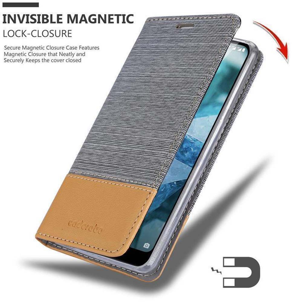 Geöffnete Handyhülle, grau-braun, um einen Telefonbildschirm zu zeigen. Magnetverschluss wird hervorgehoben.