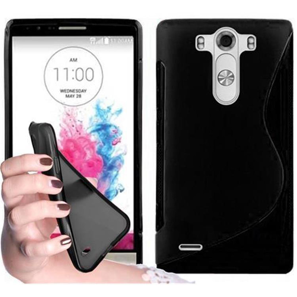 Dos fundas de teléfono negras. Un teléfono está dentro de la funda y otro de pie al lado. Ambos sobre blanco.