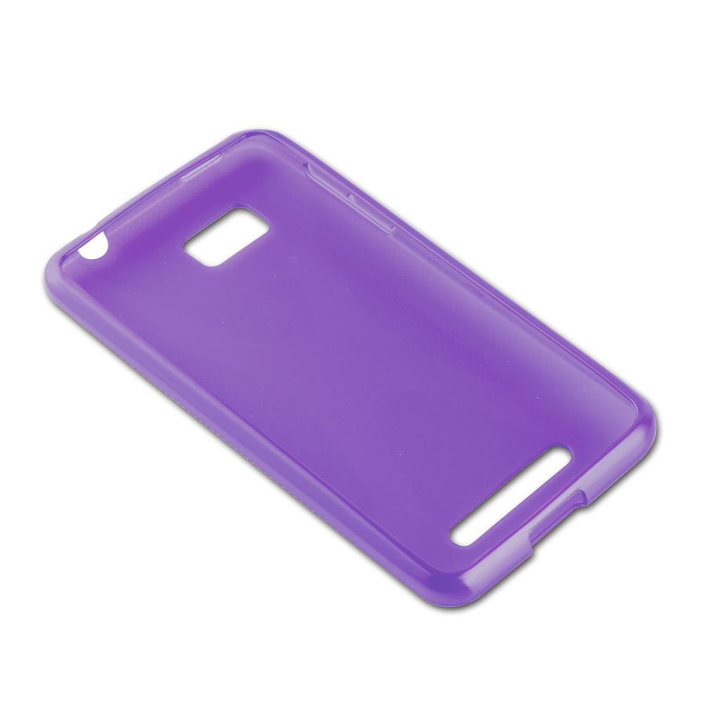 Custodia viola per telefono su superficie bianca. La custodia è monocolore e ha ritagli.