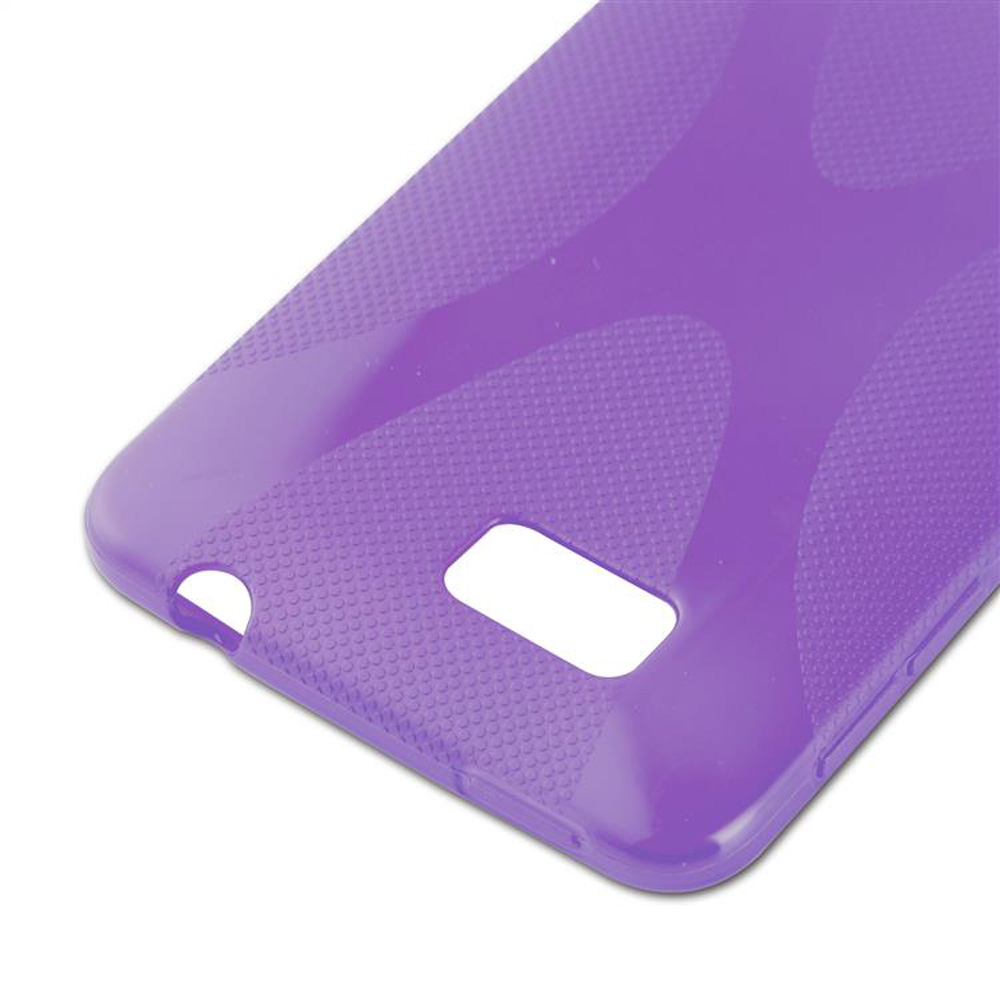 Custodia viola per telefono. Dettaglio: la custodia è viola. Ha fori per i pulsanti.
