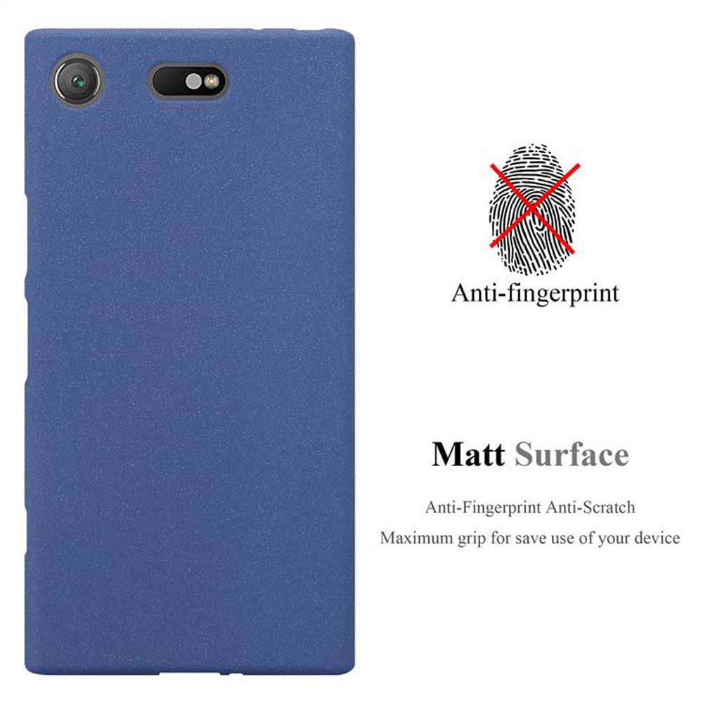 Una custodia blu per telefono. C'è un simbolo anti-impronta e il testo 'Matt Surface'.