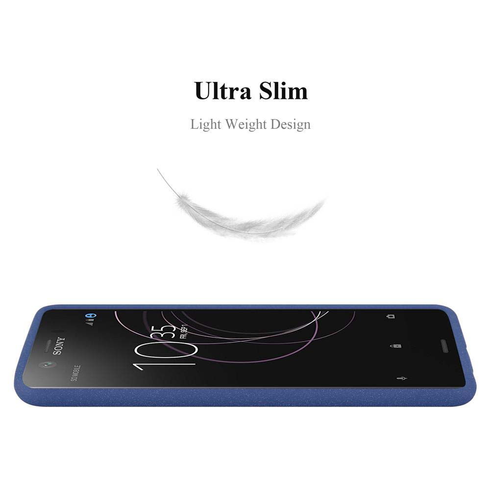 Custodia blu per telefono con grafica di piuma. Il telefono è di lato, mostrando lo schermo.
