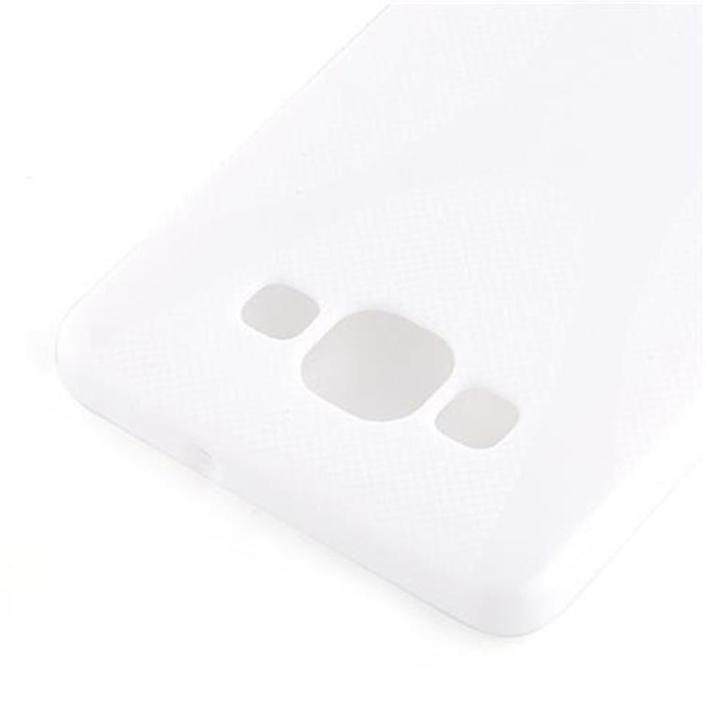 Custodia bianca per telefono. Ci sono fori per la fotocamera e il flash. La custodia ha una trama.