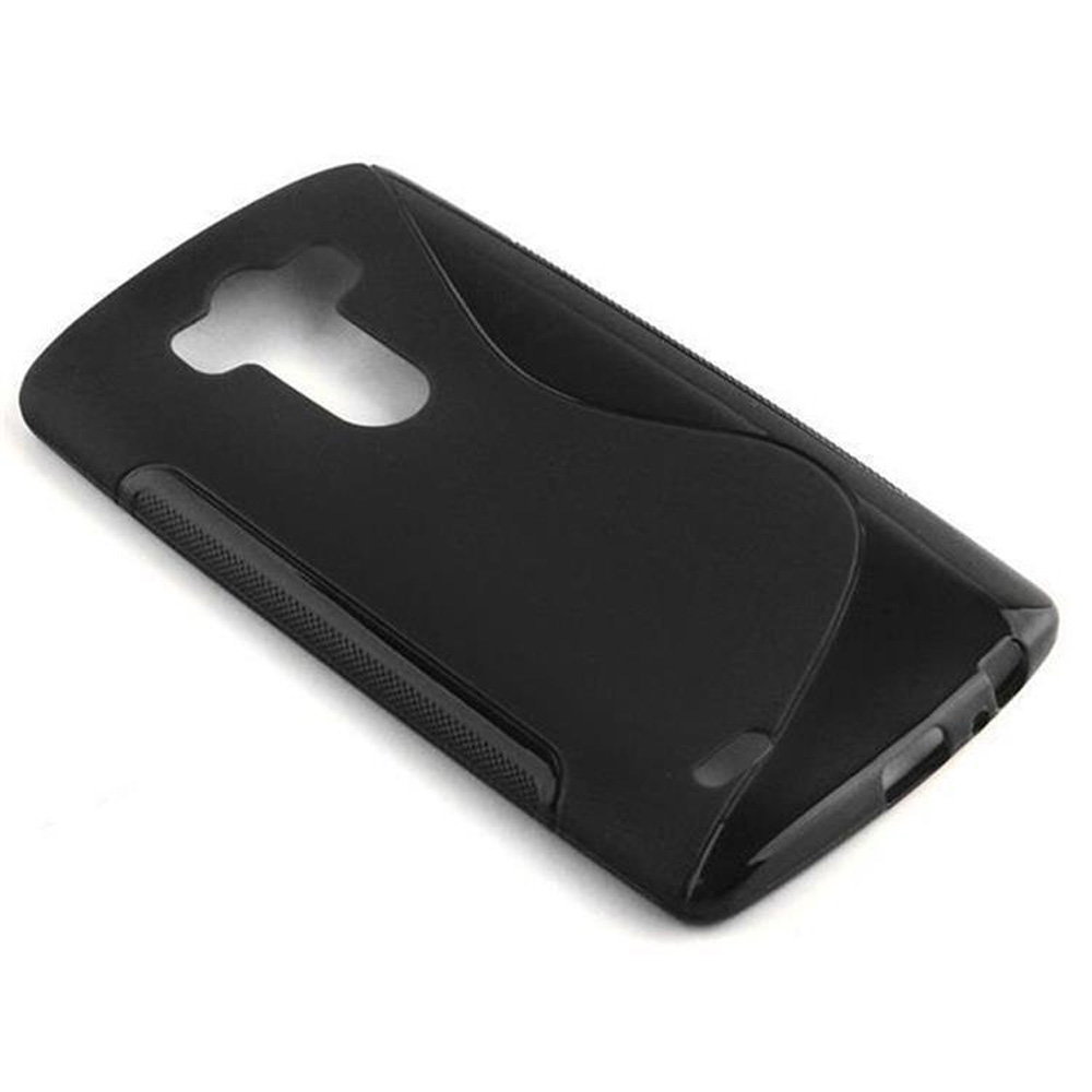 Funda negra para teléfono, diseño curvo. Cuenta con un recorte para la cámara y un borde exterior texturizado.