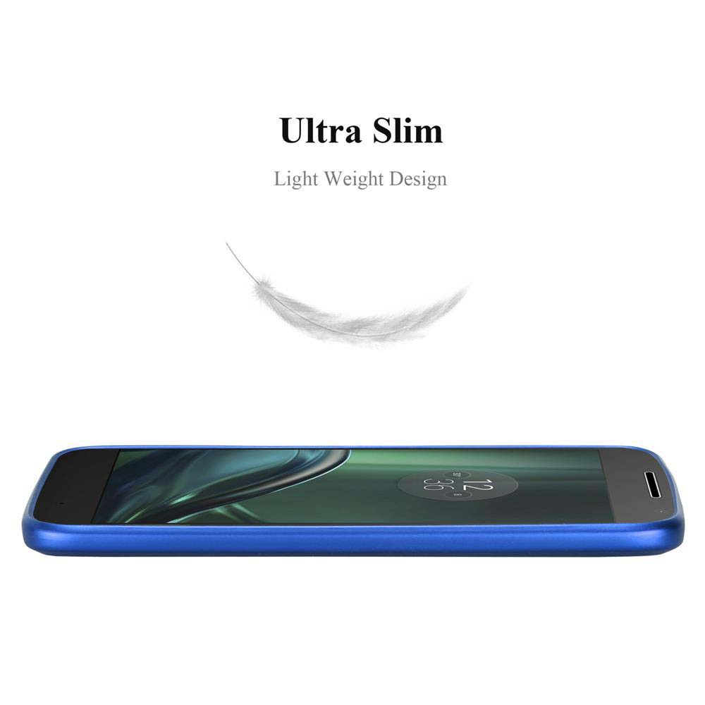 Una funda azul para teléfono con un teléfono dentro. Un gráfico de pluma está encima del teléfono.
