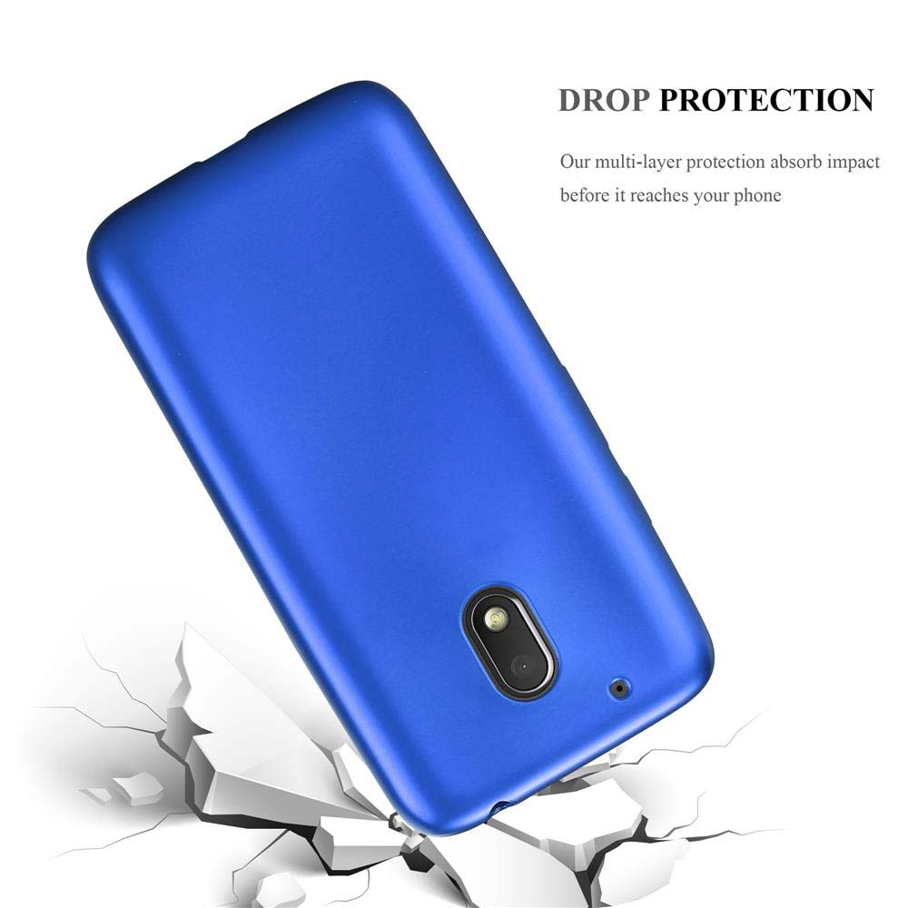 Una funda azul para teléfono con un teléfono cayendo y rompiendo el suelo debajo.