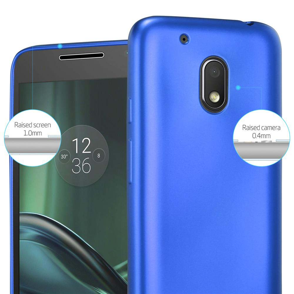 Funda azul para teléfono con un teléfono dentro. La pantalla y la cámara están resaltadas.