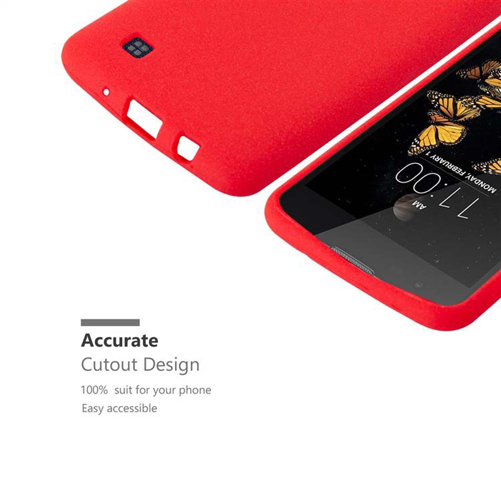 Custodia rossa con telefono. Testo: Accurate Cutout Design. Sfondo: Bianco.