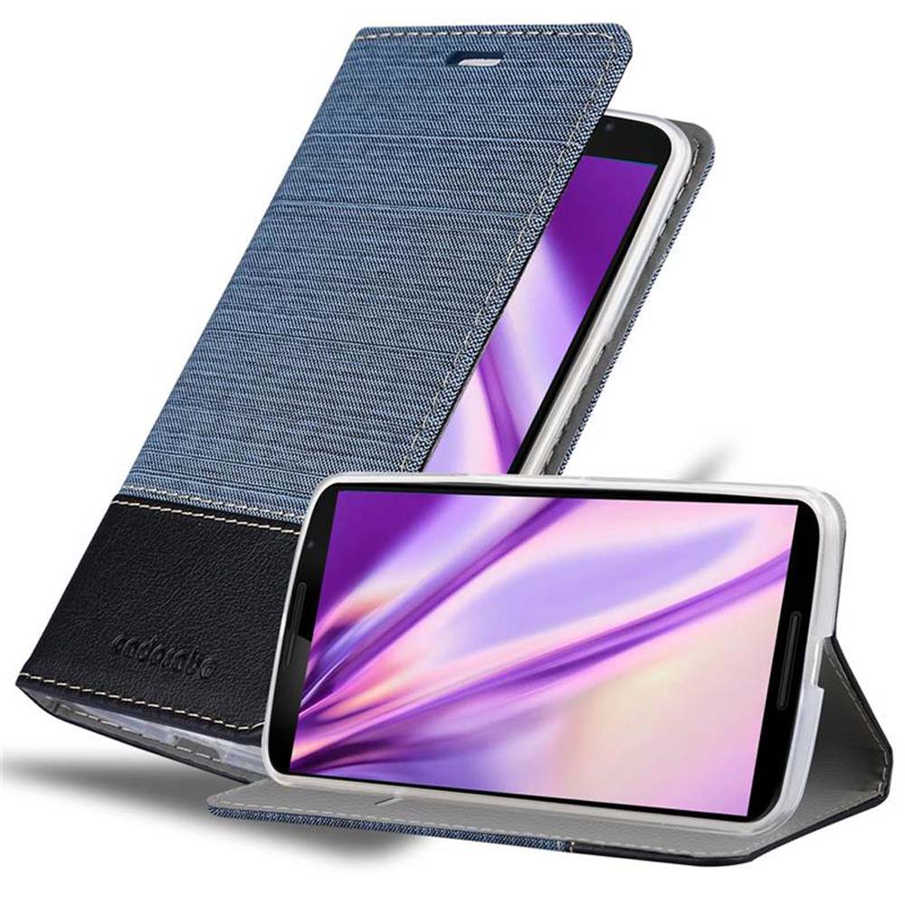 Funda de teléfono azul y negra con teléfono, mostrando imagen morada. Blanco.