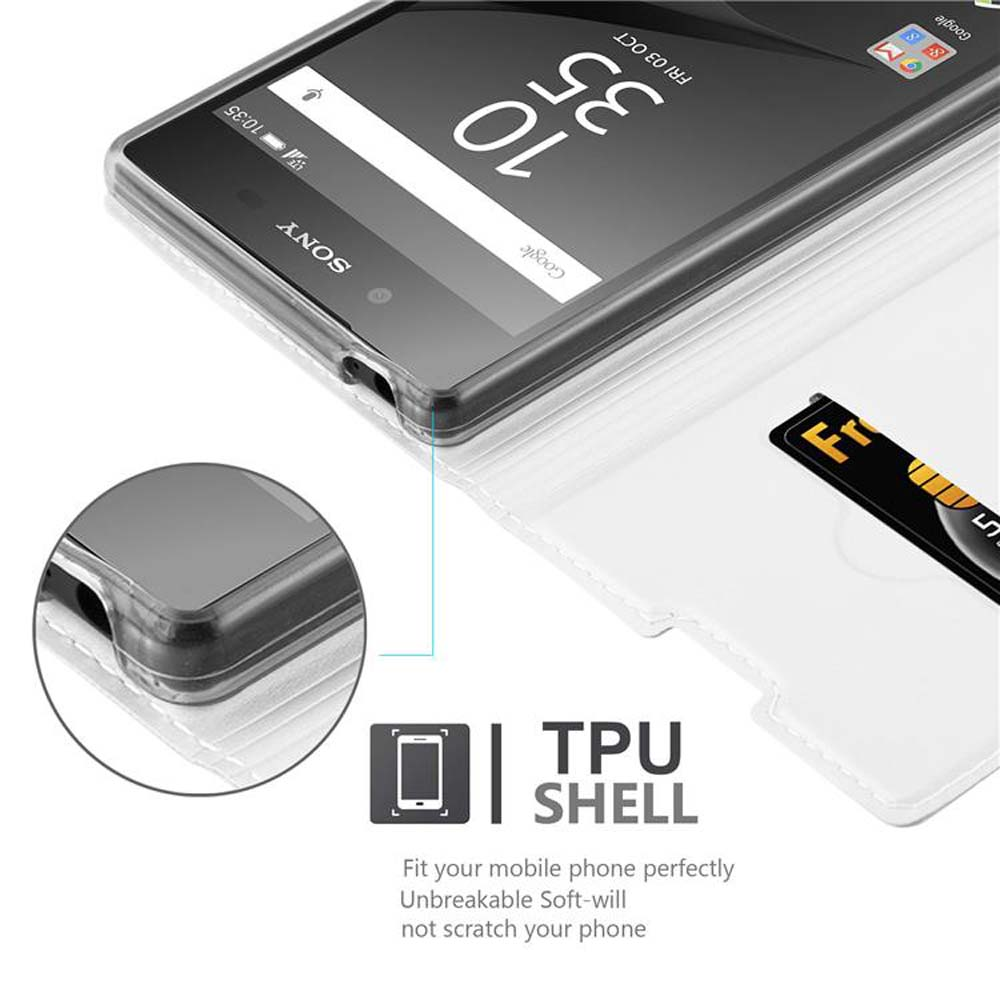 Telefono in custodia trasparente, aperta. Mostra carta di credito nello slot. Etichetta TPU SHELL.